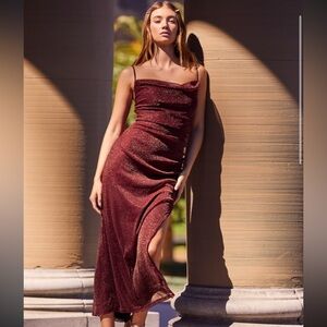 Lulus sparkly maroon cowl neck body con dress